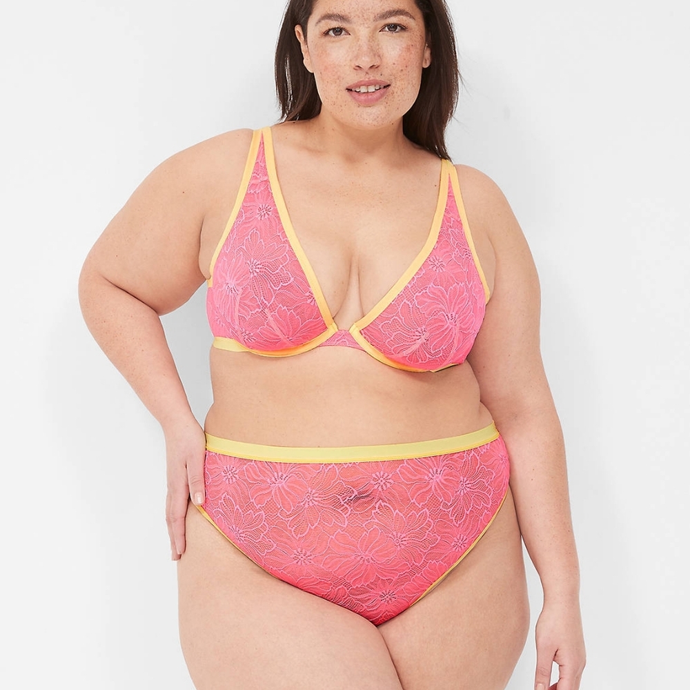 Lane Bryant 38H Lace Unlined High Apex Bra Seriously Sexy Pink Yellow